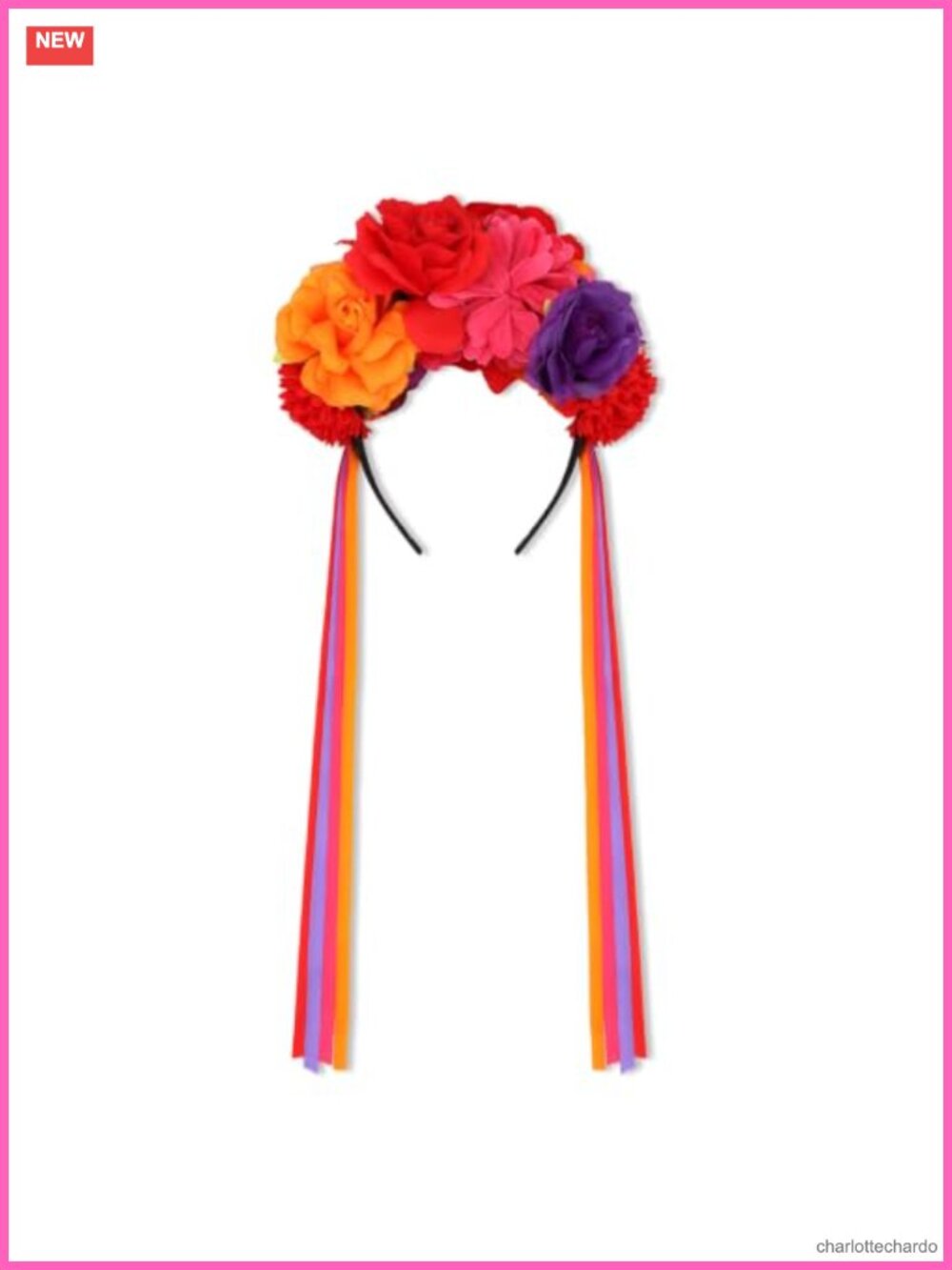 Frida Kahlo Style Mexican Flower Crown Headband with Long Ribbon Streamers